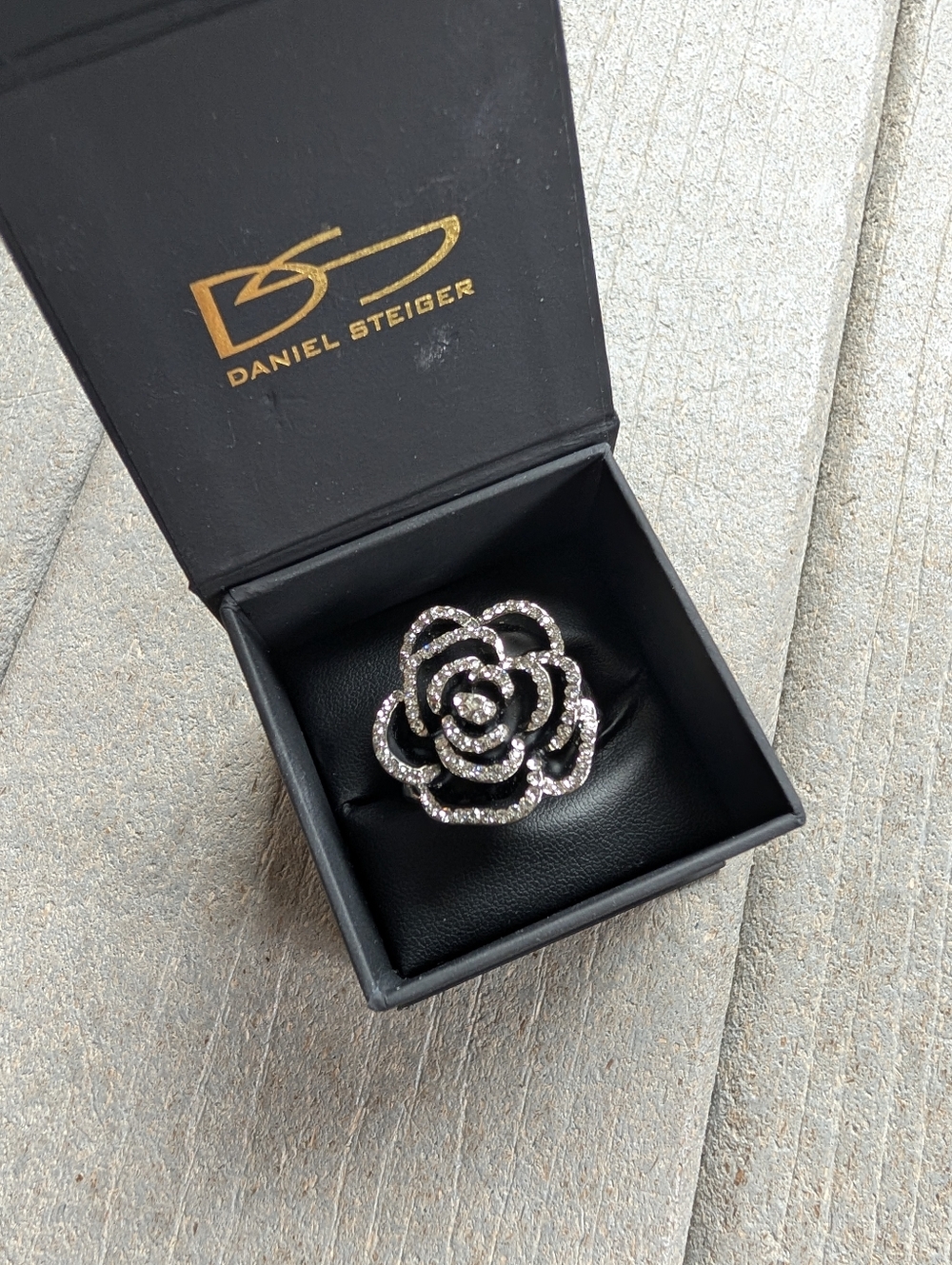 Daniel Steiger Stretch Ring Crystal Rose Adjustable Silver Tone Statement Ring